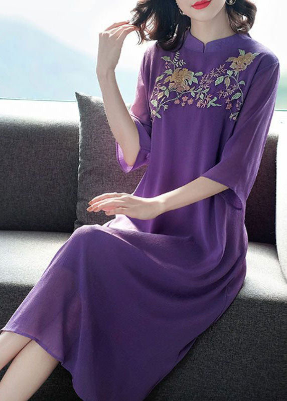 Vintage Purple Mandarin Collar Embroideried Silk Long Dress Summer