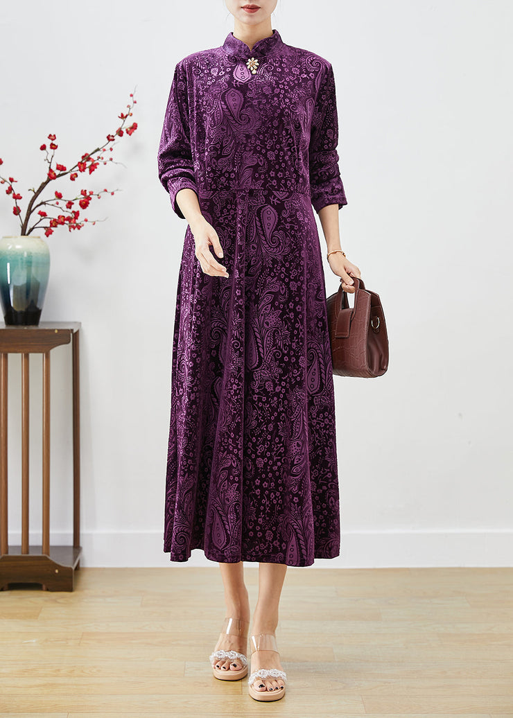 Vintage Purple Mandarin Collar Print Silk Velour Dresses Fall