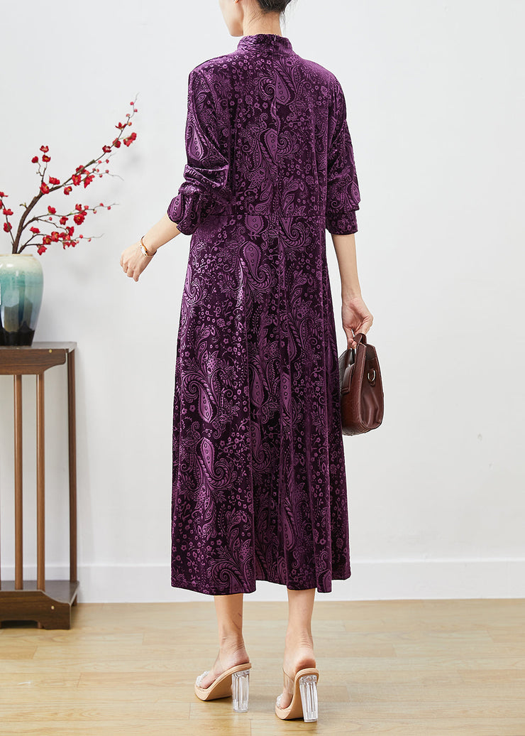 Vintage Purple Mandarin Collar Print Silk Velour Dresses Fall