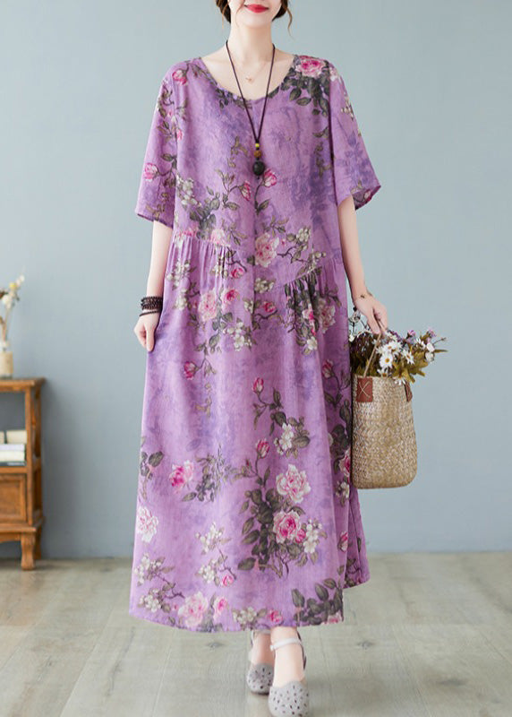 Vintage Purple O-Neck Print Maxi Dress Summer