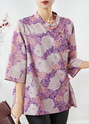 Vintage Purple Print Chinese Button Cotton Top Summer