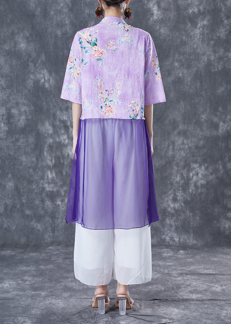 Vintage Purple Print Patchwork Chinese Button Linen Top Half Sleeve