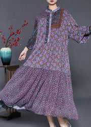 Vintage Purple Ruffled Patchwork Chiffon Dresses Summer