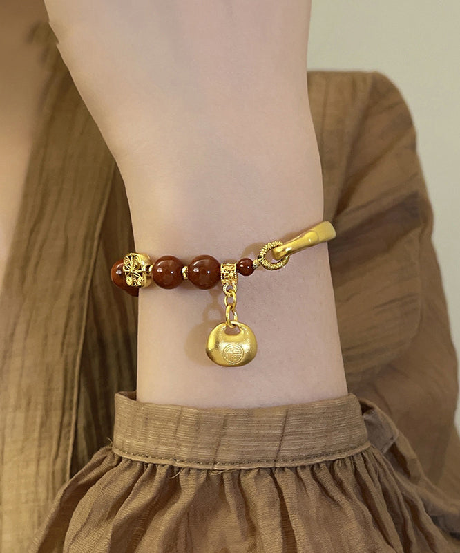 Vintage Red Copper Alloy Agate Tassel Charm Bracelet