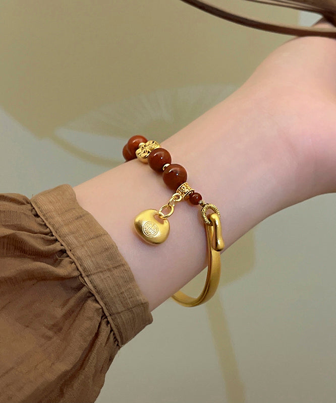 Vintage Red Copper Alloy Agate Tassel Charm Bracelet