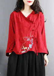 Vintage Red Embroidered Button Cotton Shirt Long Sleeve