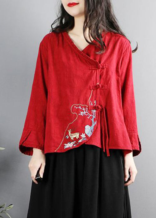 Vintage Red Embroidered Button Cotton Shirt Long Sleeve