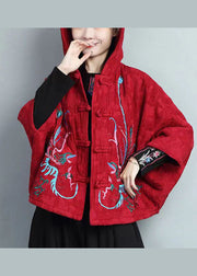 Vintage Red Embroidered Chinese Button Hooded Warm Fleece Coat Spring