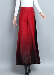 Vintage Red Embroidered High Waist Cotton Wide Leg Pants