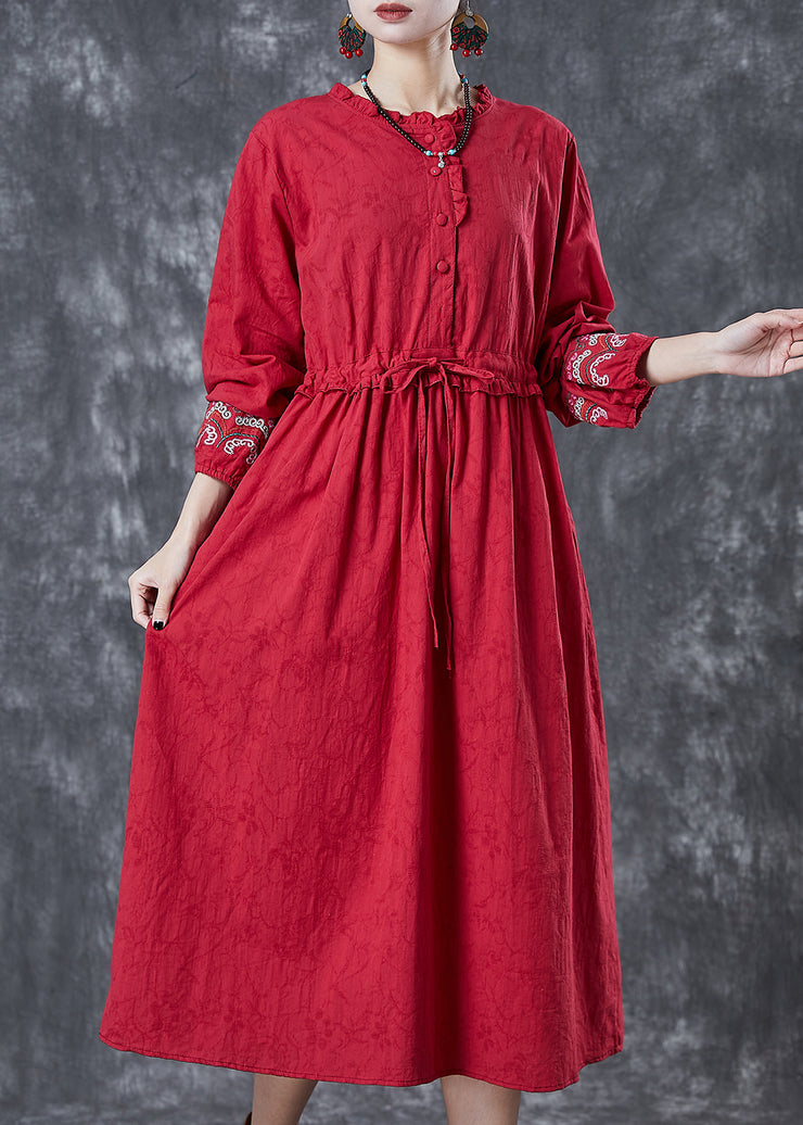 Vintage Red Embroidered Jacquard Cotton Cinched Dresses Fall