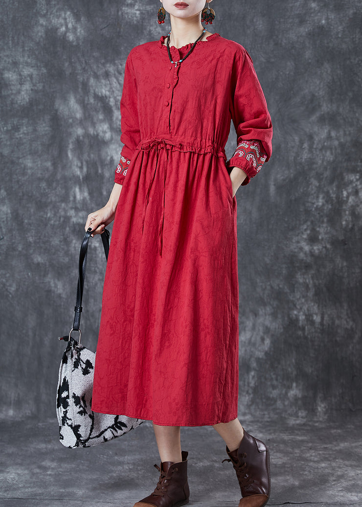 Vintage Red Embroidered Jacquard Cotton Cinched Dresses Fall