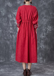 Vintage Red Embroidered Jacquard Cotton Cinched Dresses Fall