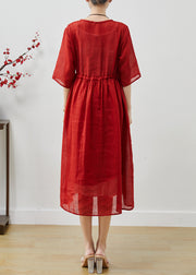 Vintage Red Embroidered Linen Cinched Dress Summer