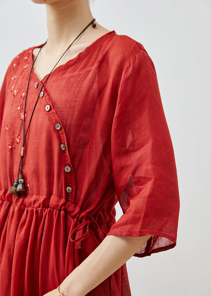 Vintage Red Embroidered Linen Cinched Dress Summer