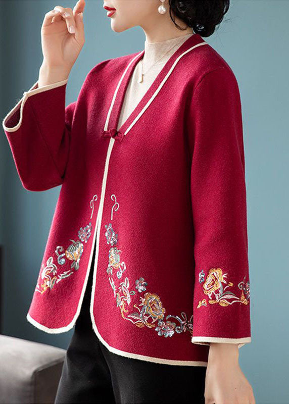 Vintage Red Embroideried Oriental Button Woolen Coats Long Sleeve