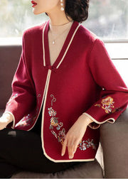 Vintage Red Embroideried Oriental Button Woolen Coats Long Sleeve