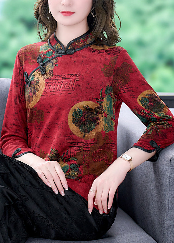 Vintage Red Mandarin Collar Chinese Button Print Silk Shirt Top Bracelet Sleeve