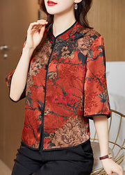 Vintage Red-print2 Mandarin Collar Print Silk Shirt Tops Half Sleeve