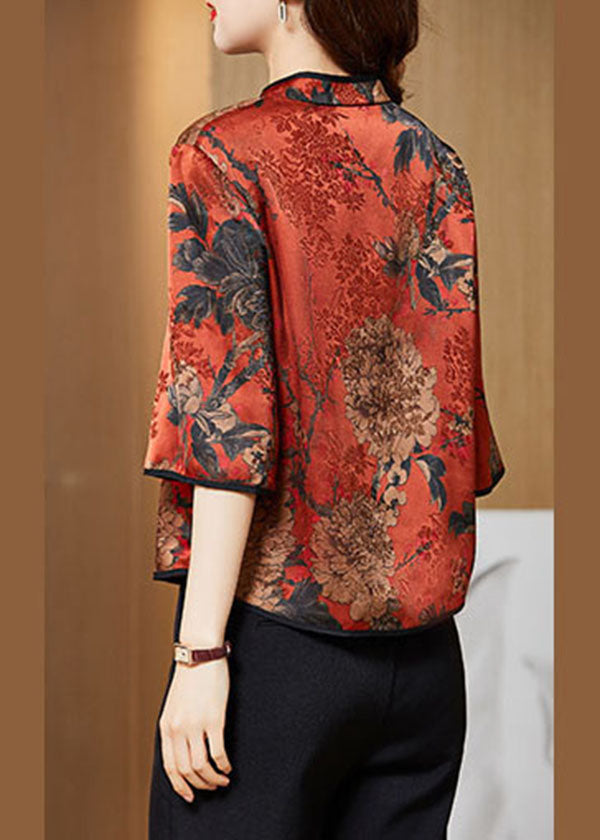 Vintage Red-print4 Mandarin Collar Print Silk Shirt Tops Half Sleeve