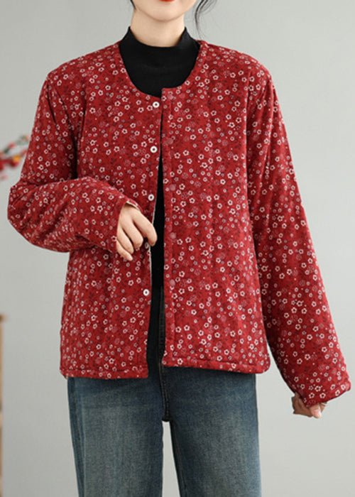 Vintage Red O Neck Button Print Thick Coats Winter