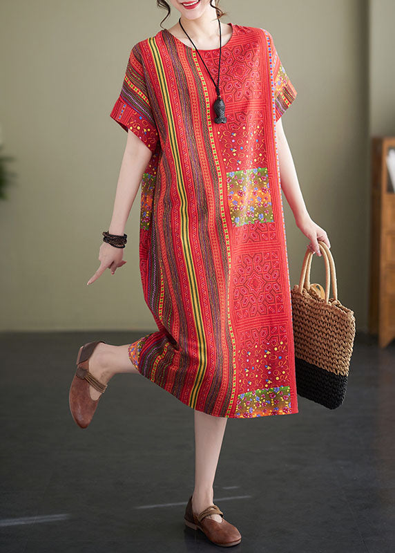 Vintage Red O Neck Print Patchwork Linen Mid Dresses Summer