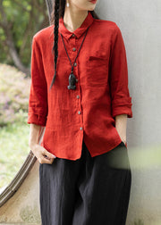 Vintage Red Peter Pan Collar Pockets Shirts Spring