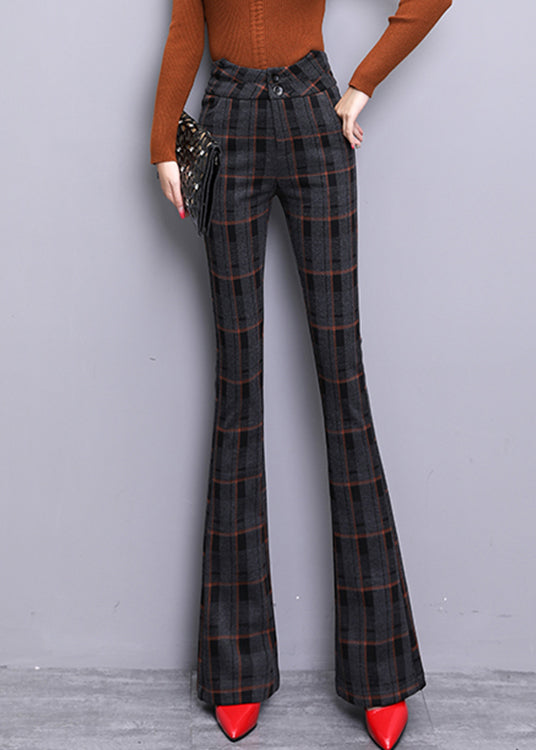 Vintage Red Plaid Button Zippered Woolen Bell Bottomed Trousers Spring