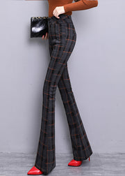 Vintage Red Plaid Button Zippered Woolen Bell Bottomed Trousers Spring