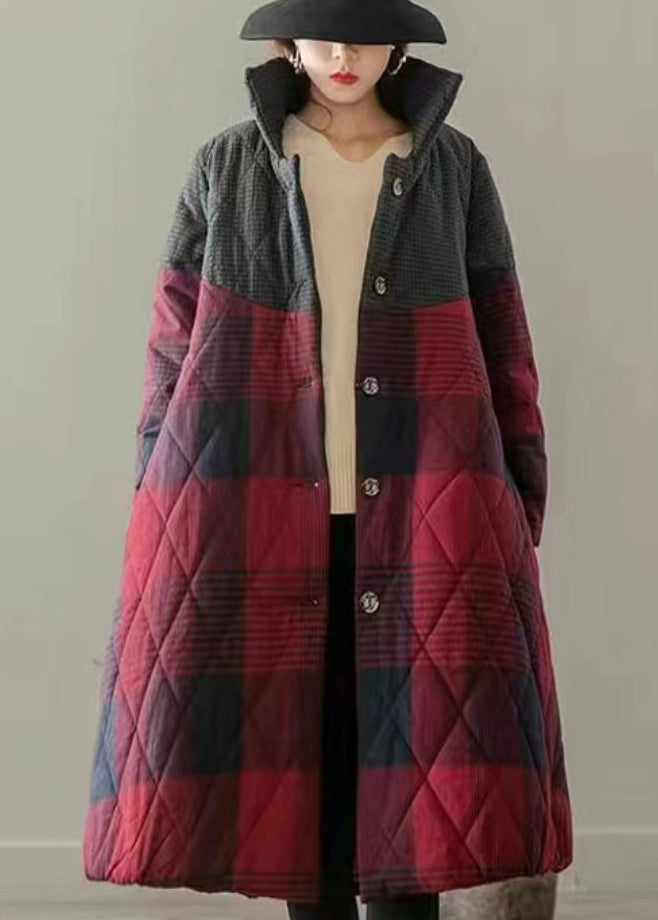 Vintage Red Pockets Plaid Patchwork Fine Cotton Filled Coats Winter