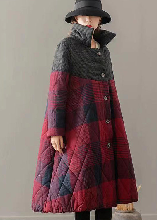 Vintage Red Pockets Plaid Patchwork Fine Cotton Filled Coats Winter