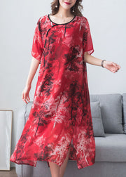 Vintage Red Print Chinese Button Patchwork Chiffon Long Dresses Summer