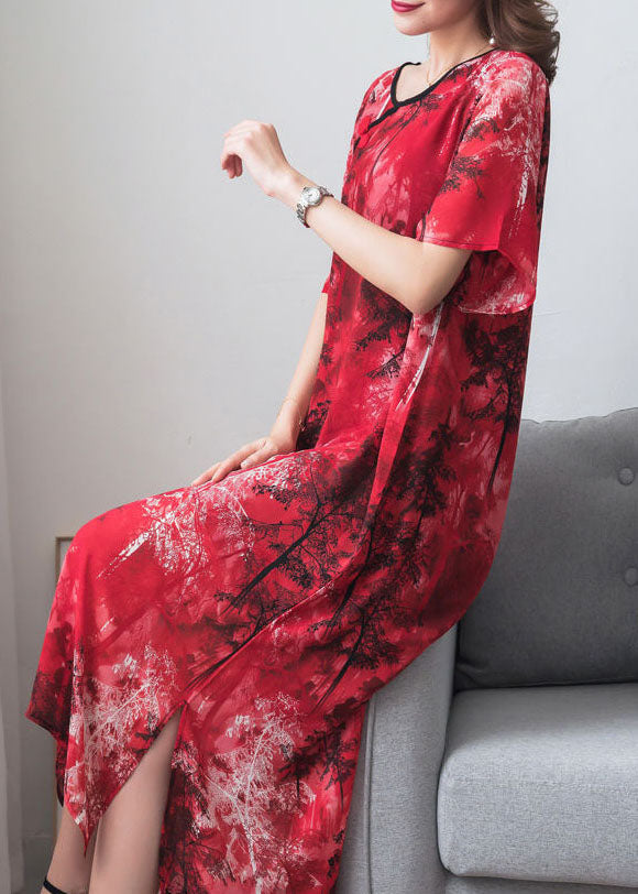 Vintage Red Print Chinese Button Patchwork Chiffon Long Dresses Summer