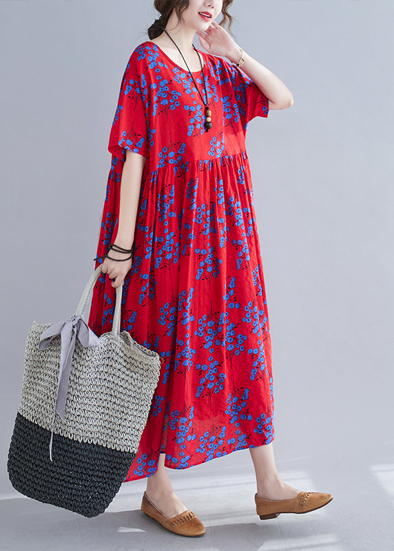 Vintage Red Print Patchwork Maxi Dresses Short Sleeve