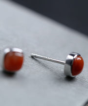 Vintage Red Sterling Silver Inlaid Agate Stud Earrings