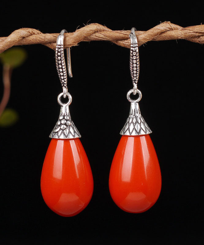 Vintage Red Sterling Silver Inlaid Gem Stone Water Drop Drop Earrings