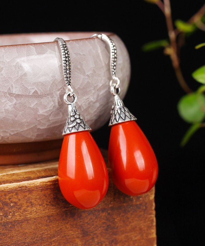 Vintage Red Sterling Silver Inlaid Gem Stone Water Drop Drop Earrings