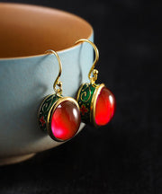 Vintage Red Sterling Silver Overgild Enamel Gem Stone Drop Earrings