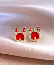 Vintage Red Sterling Silver Overgild Zircon Stud Earrings