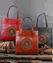 Vintage Red The Sunflowers Jacquard High-capacity Calf Leather Tote Handbag