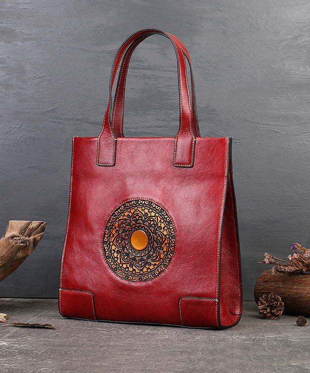 Vintage Red The Sunflowers Jacquard High-capacity Calf Leather Tote Handbag