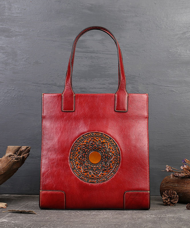 Vintage Red The Sunflowers Jacquard High-capacity Calf Leather Tote Handbag