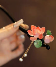 Vintage Red Woodiness Pearl Jade Floral Tassel Hairpin