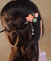 Vintage Red Woodiness Pearl Jade Floral Tassel Hairpin