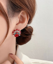 Vintage Red Zircon Crystal Pearl Asymmetric Design Peking Opera Mask Stud Earrings