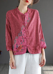 Vintage Rose Embroideried Chinese Button Patchwork Cotton Top Spring