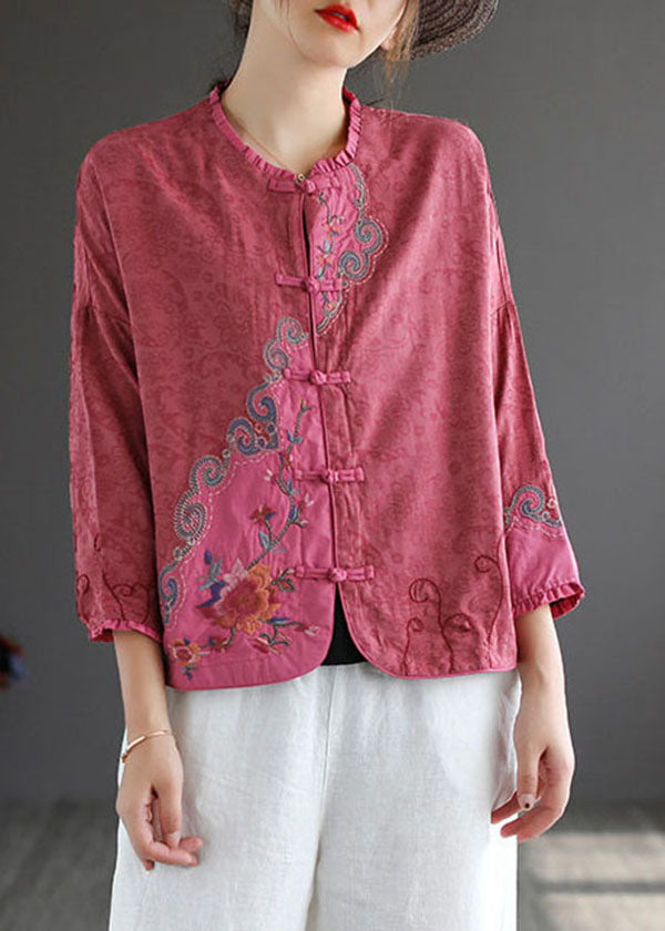 Vintage Rose Embroideried Chinese Button Patchwork Cotton Top Spring