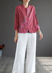 Vintage Rose Embroideried Chinese Button Patchwork Cotton Top Spring