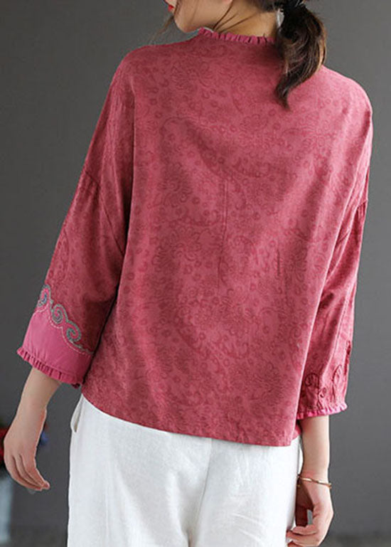 Vintage Rose Embroideried Chinese Button Patchwork Cotton Top Spring