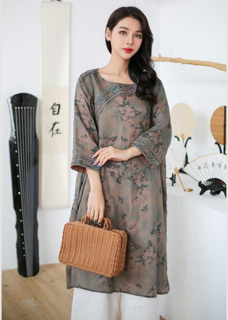 Vintage Rose Embroideried Print Patchwork Linen Mid Dress Spring