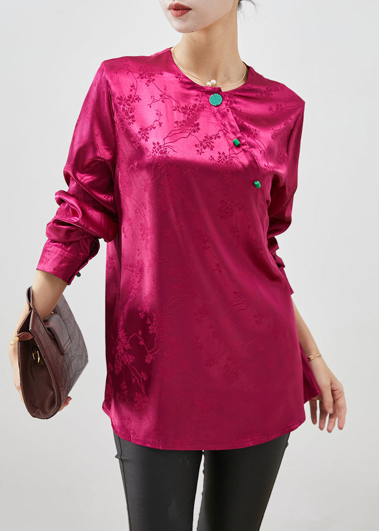 Vintage Rose Jacquard Slim Fit Silk Shirt Top Fall